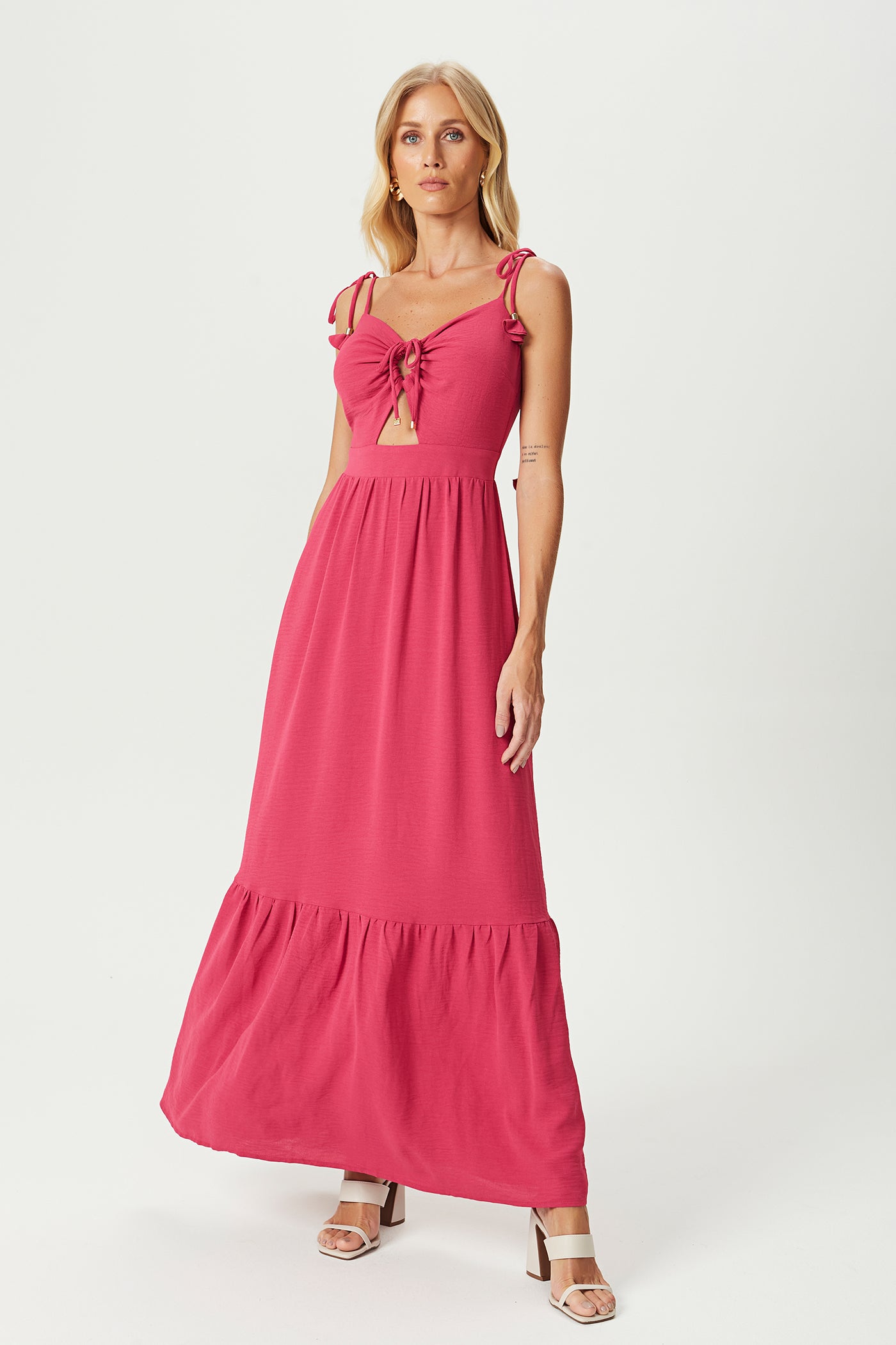 Vestido longo alça amarração rosa Fato Básico - FATO BÁSICO