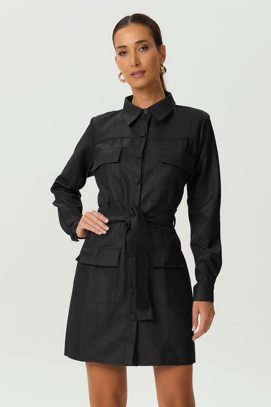 Vestido chemise couro sintético preto Fato Básico - FATO BÁSICO