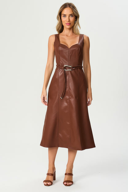 Vestido midi evase marrom Fato Básico