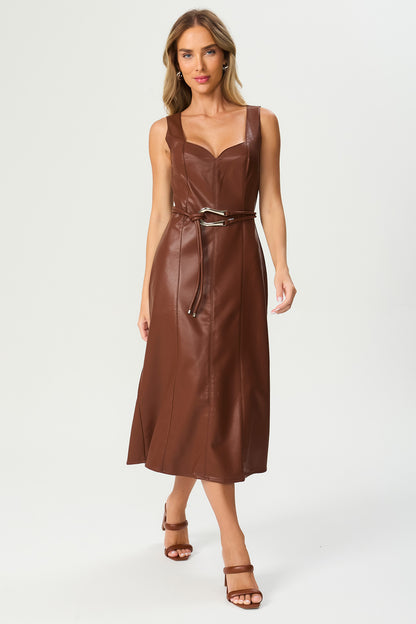 Vestido midi evase marrom Fato Básico