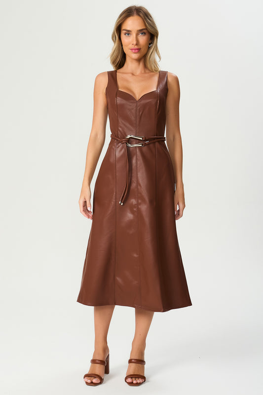 Vestido midi evase marrom Fato Básico