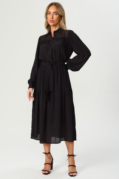 Vestido midi com renda preto Fato Básico