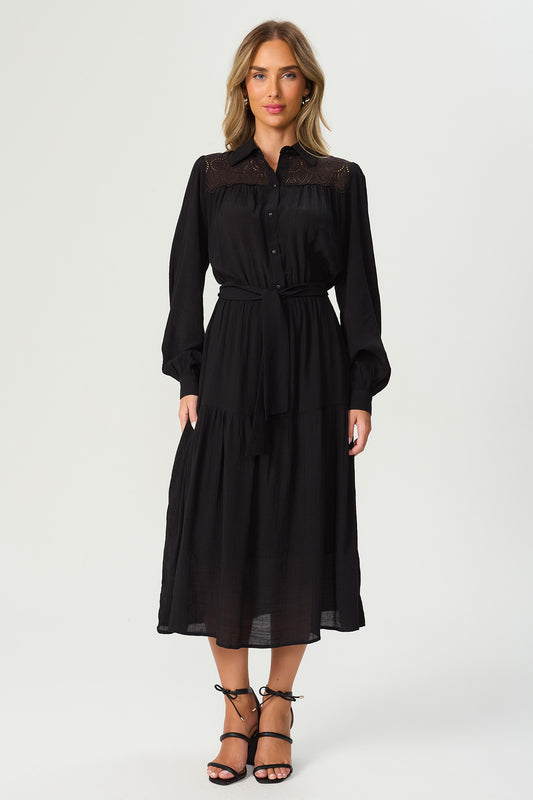 Vestido midi com renda preto Fato Básico