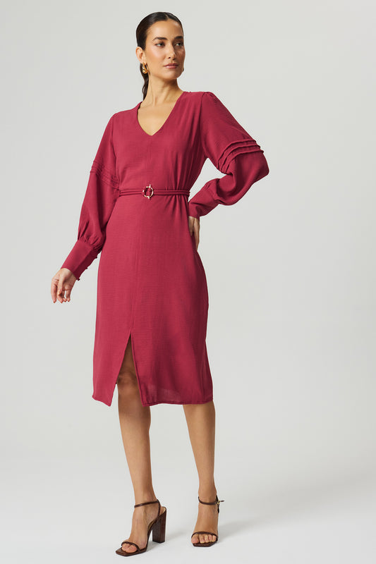 Vestido midi com tomas merlot Fato Básico