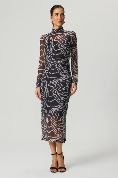 Vestido mídi tule estampado preto Fato Básico