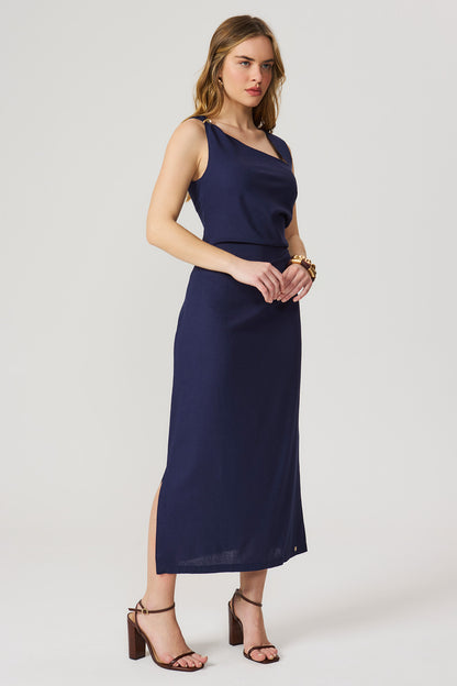 Vestido linho decote assimétrico marinho Fato Básico