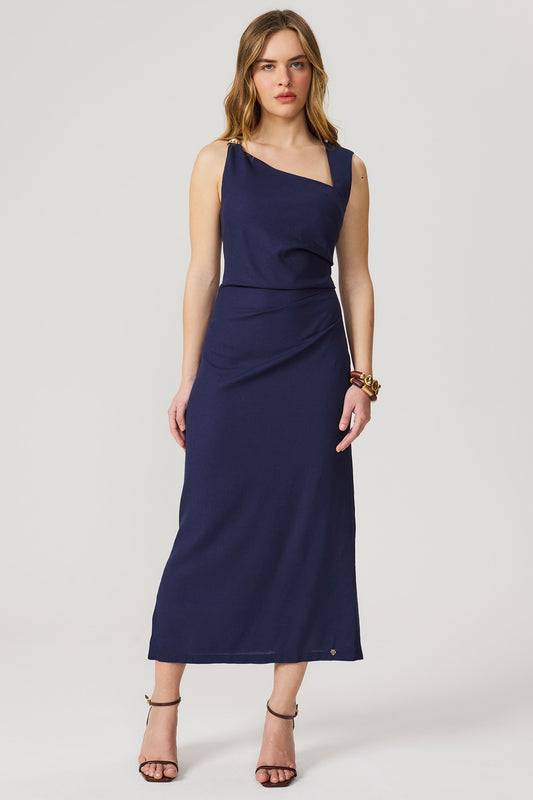 Vestido linho decote assimétrico marinho Fato Básico