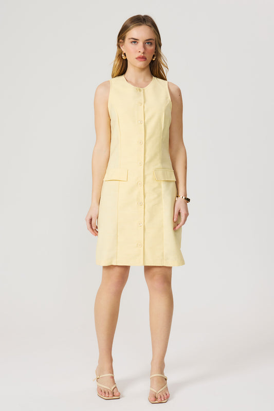 Vestido linho curto amarelo manteiga Fato Básico