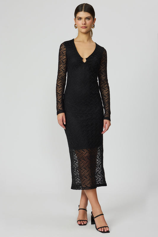 Vestido midi preto crochet feminino Fato Básico
