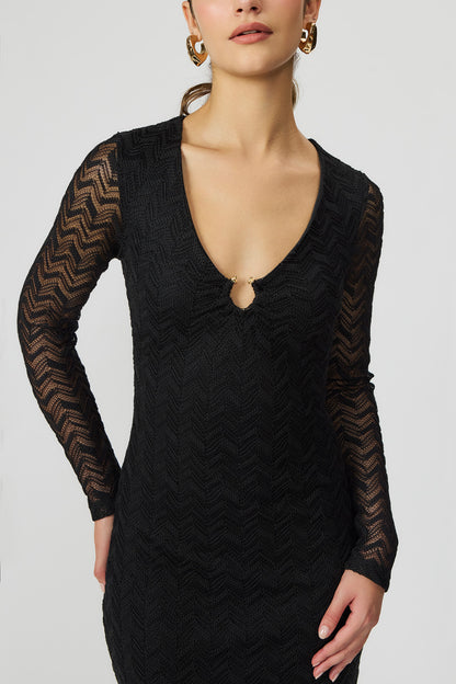 Vestido midi preto crochet feminino Fato Básico