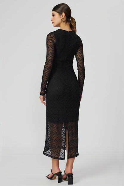 Vestido midi preto crochet feminino Fato Básico