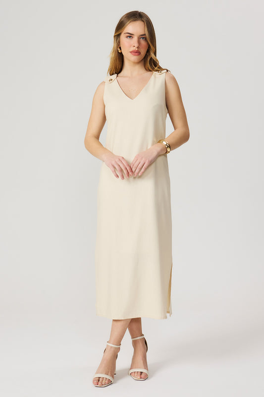 Vestido mídi de linho natural Fato Básico