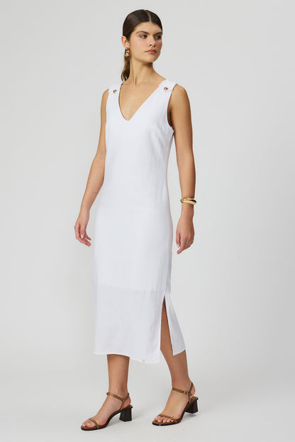 Vestido midi off white linho feminino Fato Básico