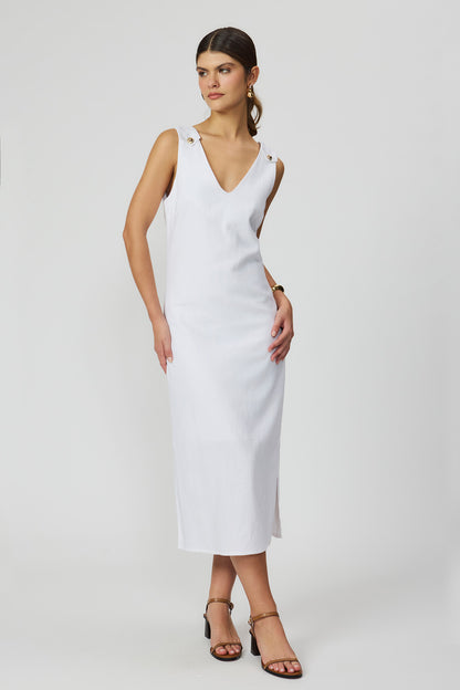 Vestido midi off white linho feminino Fato Básico