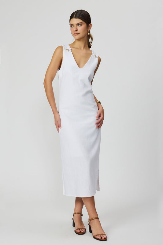 Vestido midi off white linho feminino Fato Básico