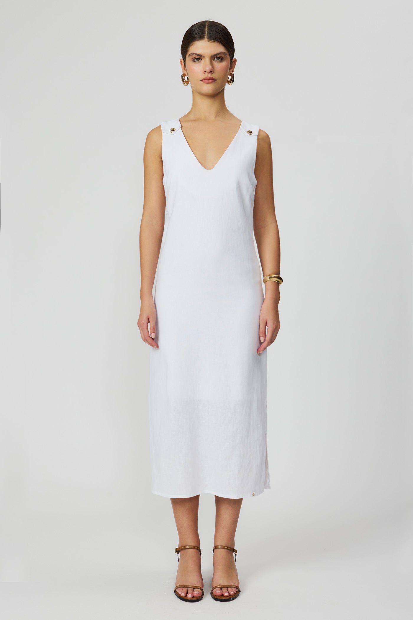 Vestido midi off white linho feminino Fato Básico