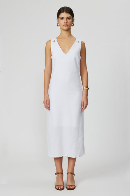 Vestido midi off white linho feminino Fato Básico