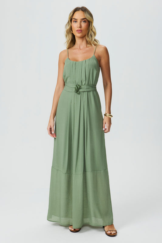 Vestido longo com tomas verde Fato Básico