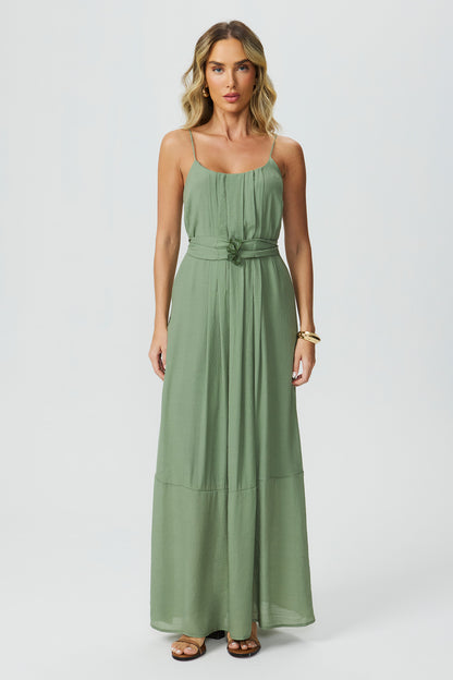 Vestido longo com tomas verde Fato Básico