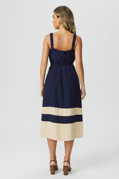 Vestido recortes de cor marinho Fato Básico