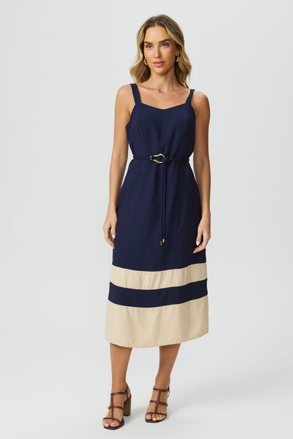 Vestido recortes de cor marinho Fato Básico