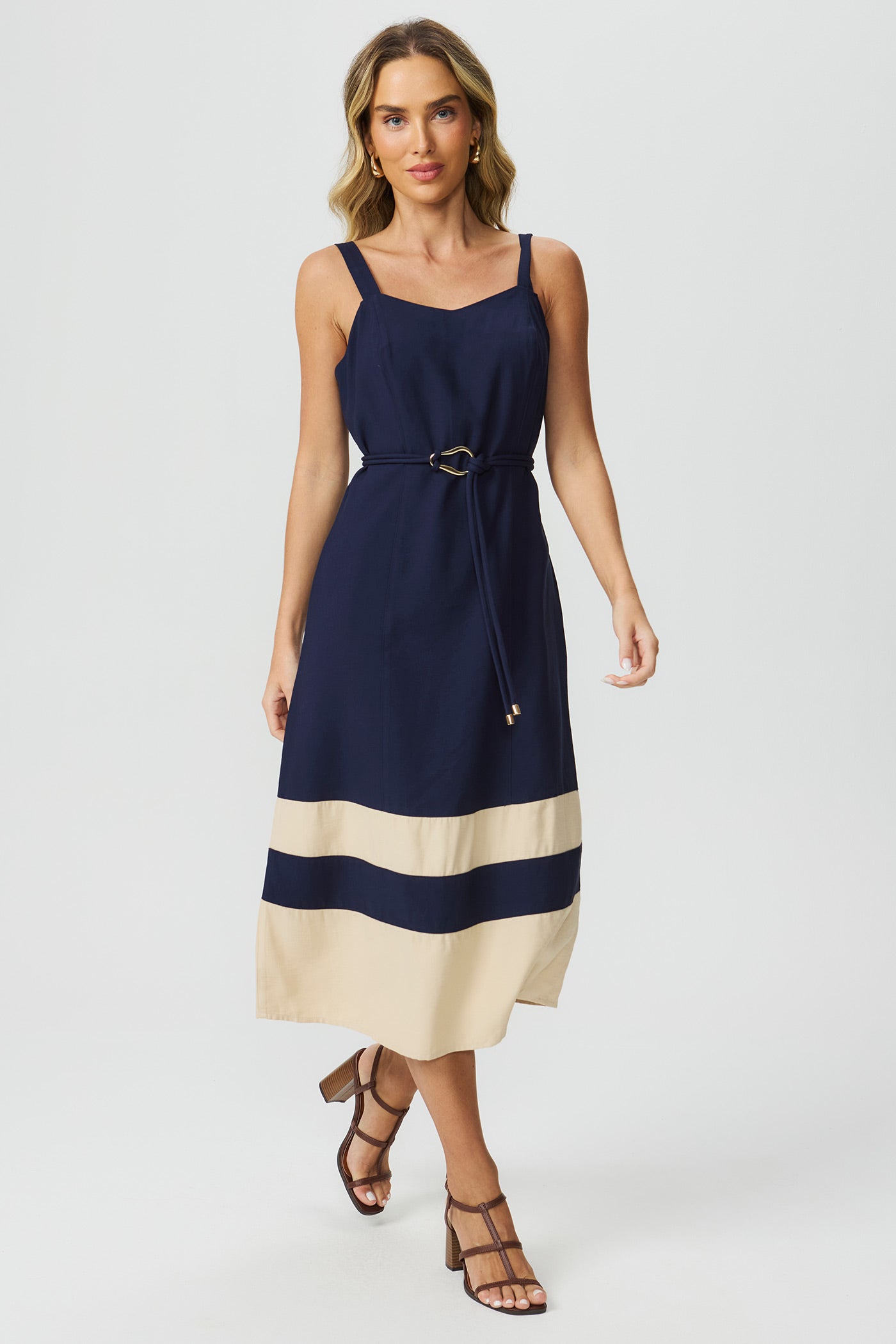 Vestido recortes de cor marinho Fato Básico