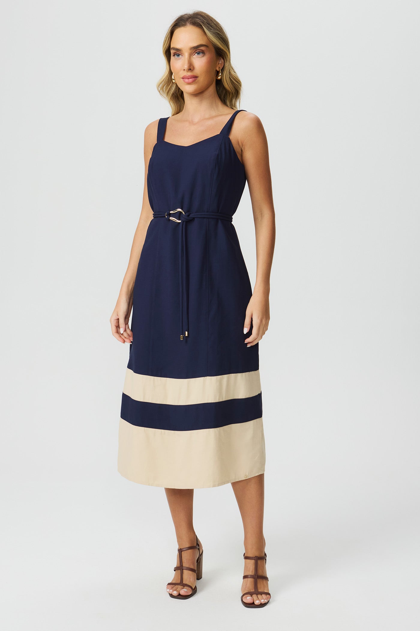 Vestido recortes de cor marinho Fato Básico