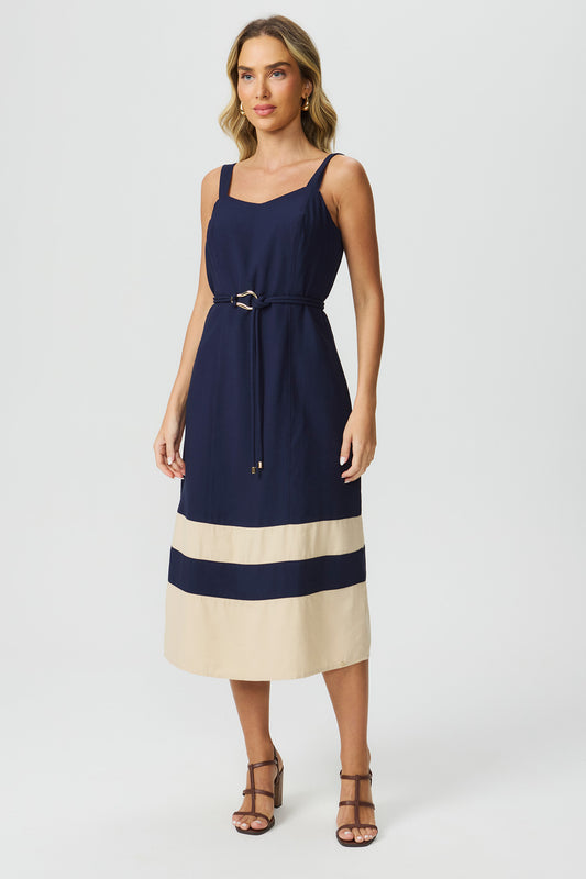 Vestido recortes de cor marinho Fato Básico