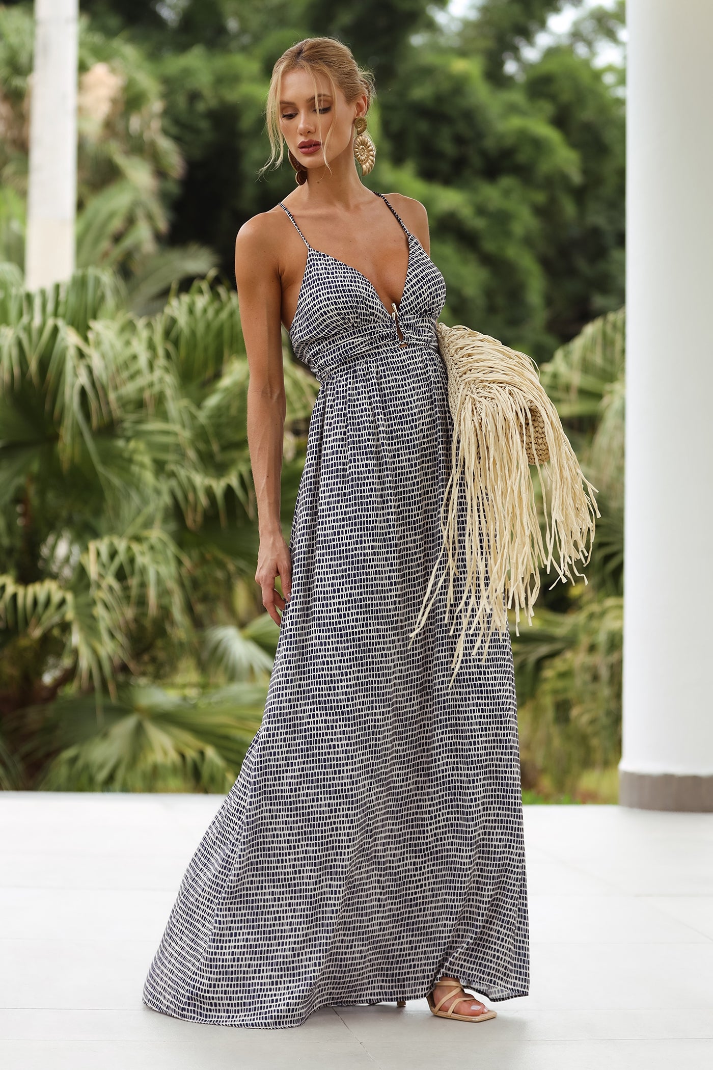 Vestido longo estampado decote costas marinho