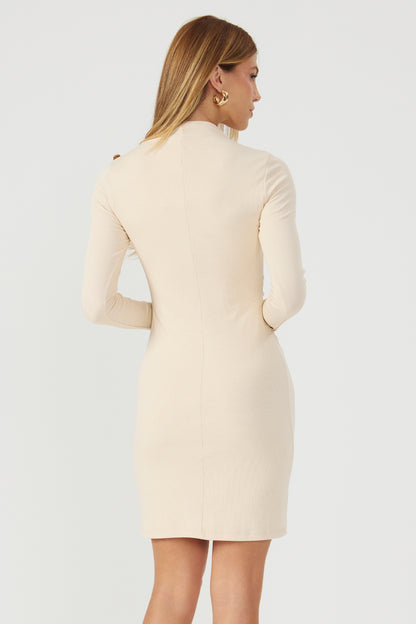 Vestido manga longa com botões bege Fato Básico