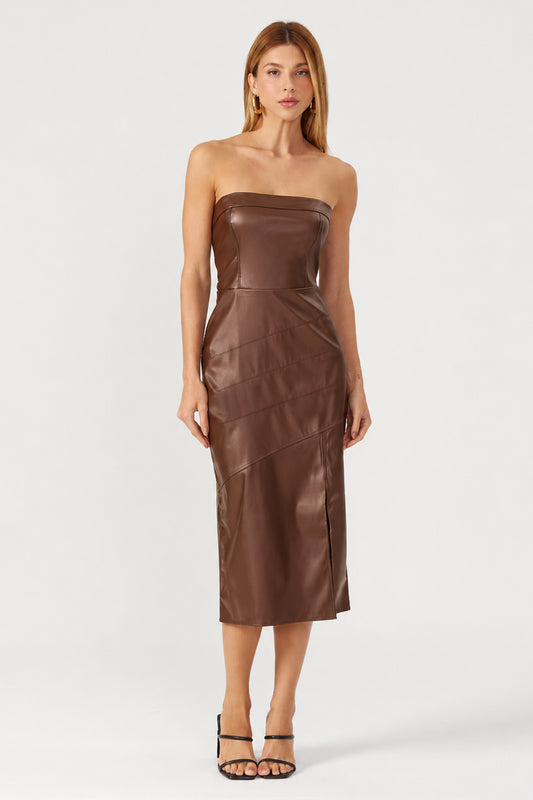 Vestido sem alça couro sintético marrom Fato Básico