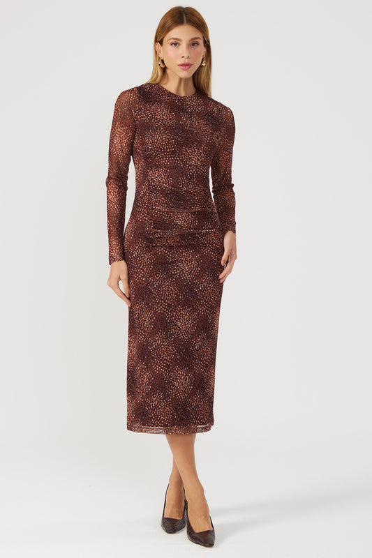 Vestido tule estampado marrom Fato Básico