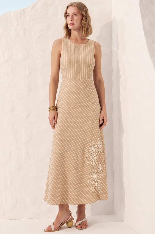 Vestido sem mangas listrado bordado Fato Básico