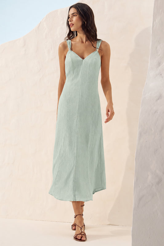 Vestido midi texturizado alças detalhe passante azul céu Fato Básico