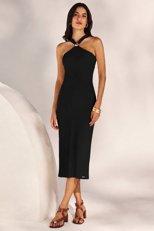 Vestido midi decote transpassado preto Fato Básico