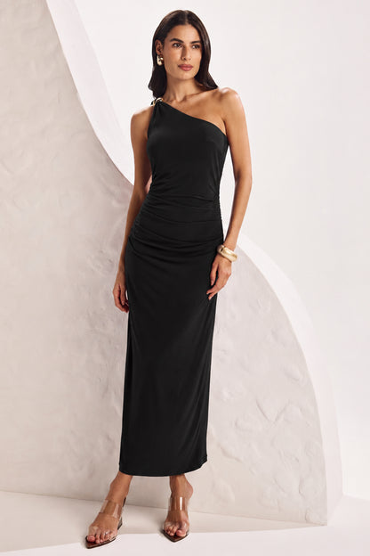 Vestido detalhe ombro preto Fato Básico