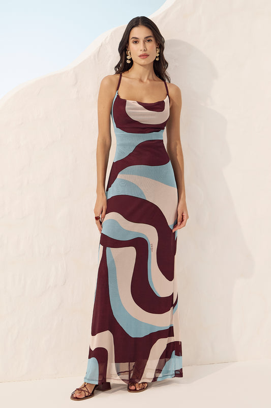 Vestido longo tule estampado Fato Básico