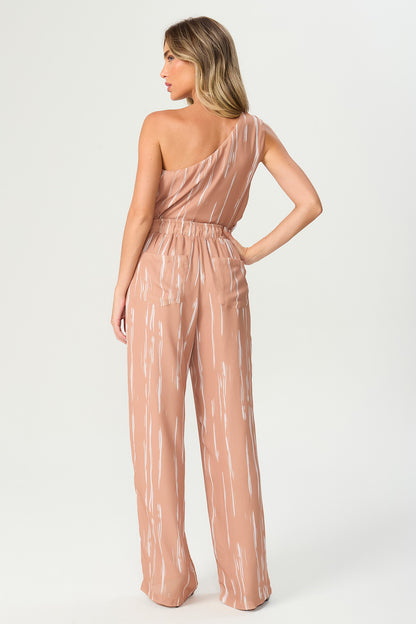 Calça estampada pantalona bege Fato Básico