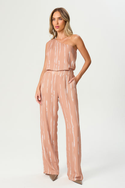 Calça estampada pantalona bege Fato Básico
