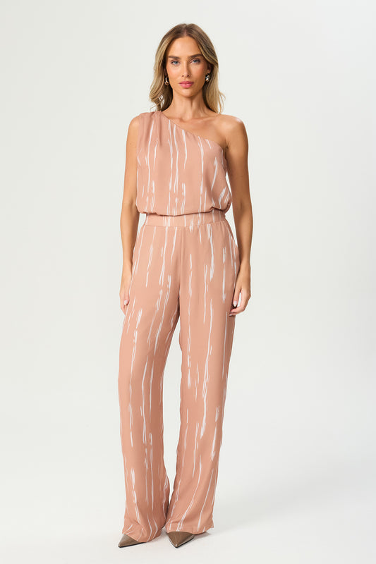 Calça estampada pantalona bege Fato Básico