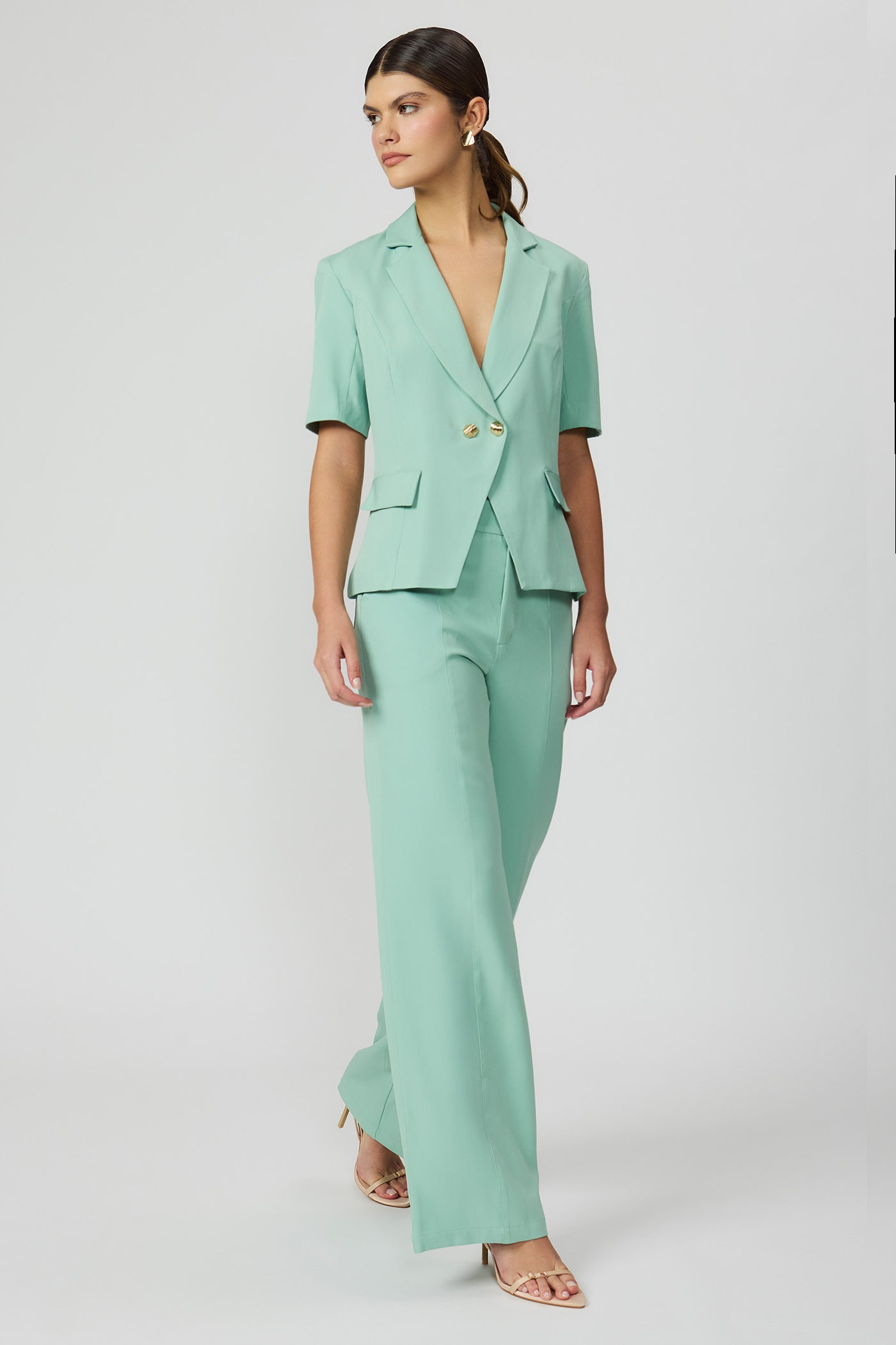 Blazer Feminino Verde Manga Curta com Botões Fato Básico