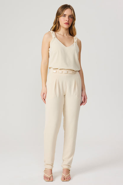 Calça jogger aveia com detalhe no cós Fato Básico