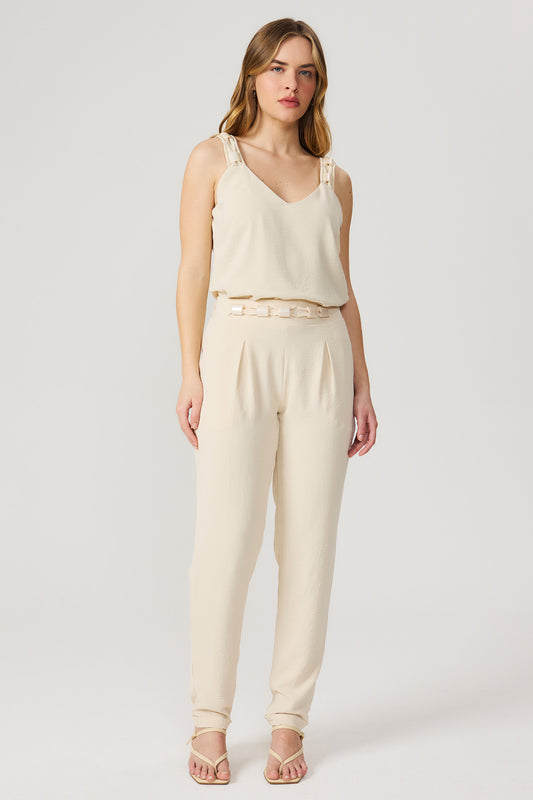 Calça jogger aveia com detalhe no cós Fato Básico