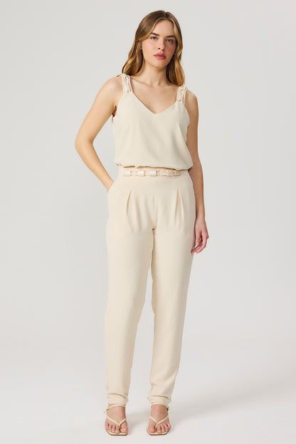 Calça jogger aveia com detalhe no cós Fato Básico