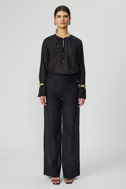 Calça pantalona preta com transparência feminina Fato Básico