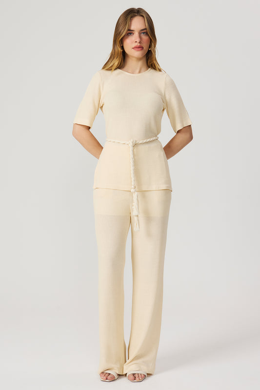Calça wide leg malha tricot baunilha Fato Básico