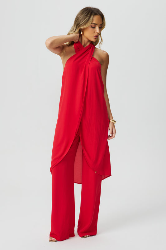 Calça pantalona com pregas vermelho Fato Básico