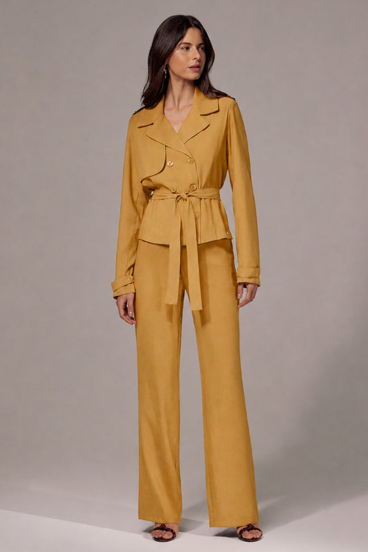 Calça pantalona detalhe cinto camel Fato Básico