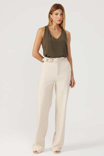 Calça bootcut com cinto aveia Fato Básico