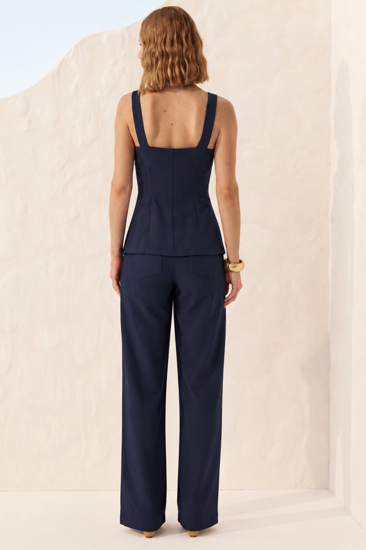 Calça wide leg nervura azul marinho Fato Básico